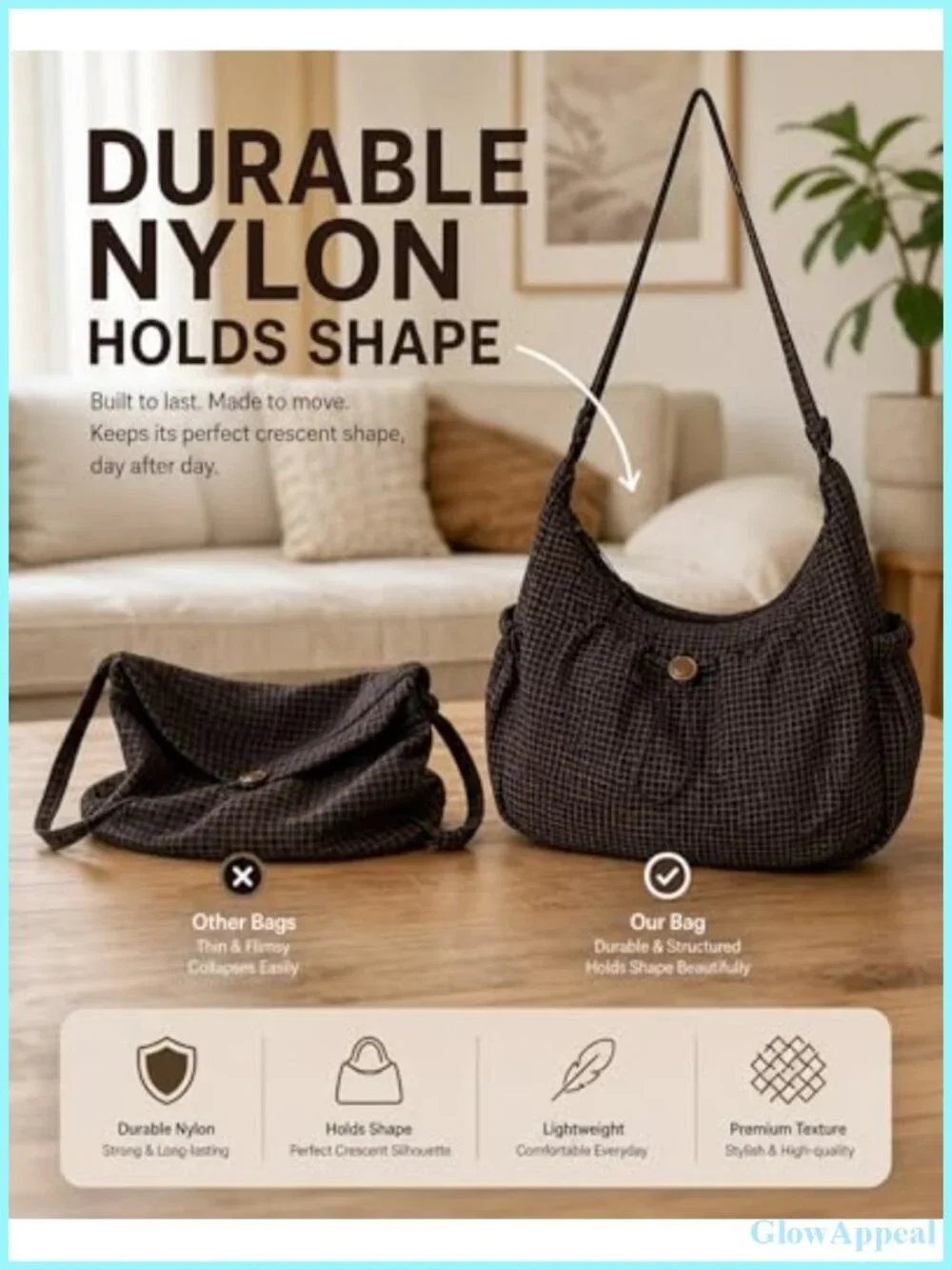 Plaid Nylon Crossbody Hobo Bag Slouchy Crescent Messenger Purse